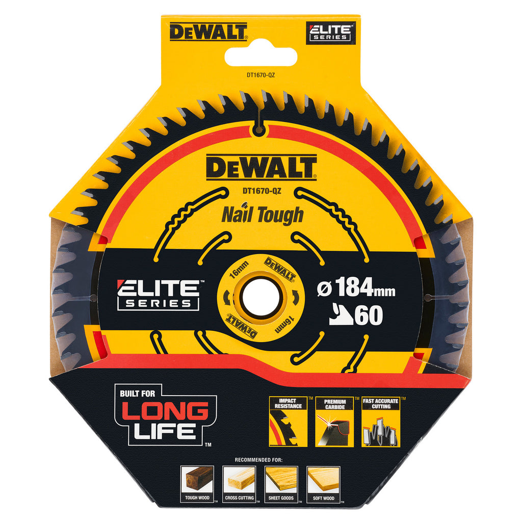 Dewalt DT1670 ELITE Circular Saw Blade Nail Tough 184mm x 16mm 60T in packaging