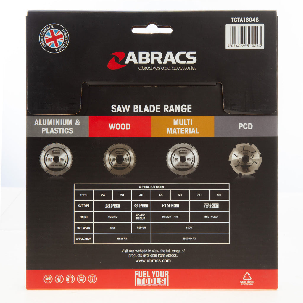Abracs TCTA16048 TCT Circular Saw Blade for Aluminium 160 x 20mm x 48T back of packaging
