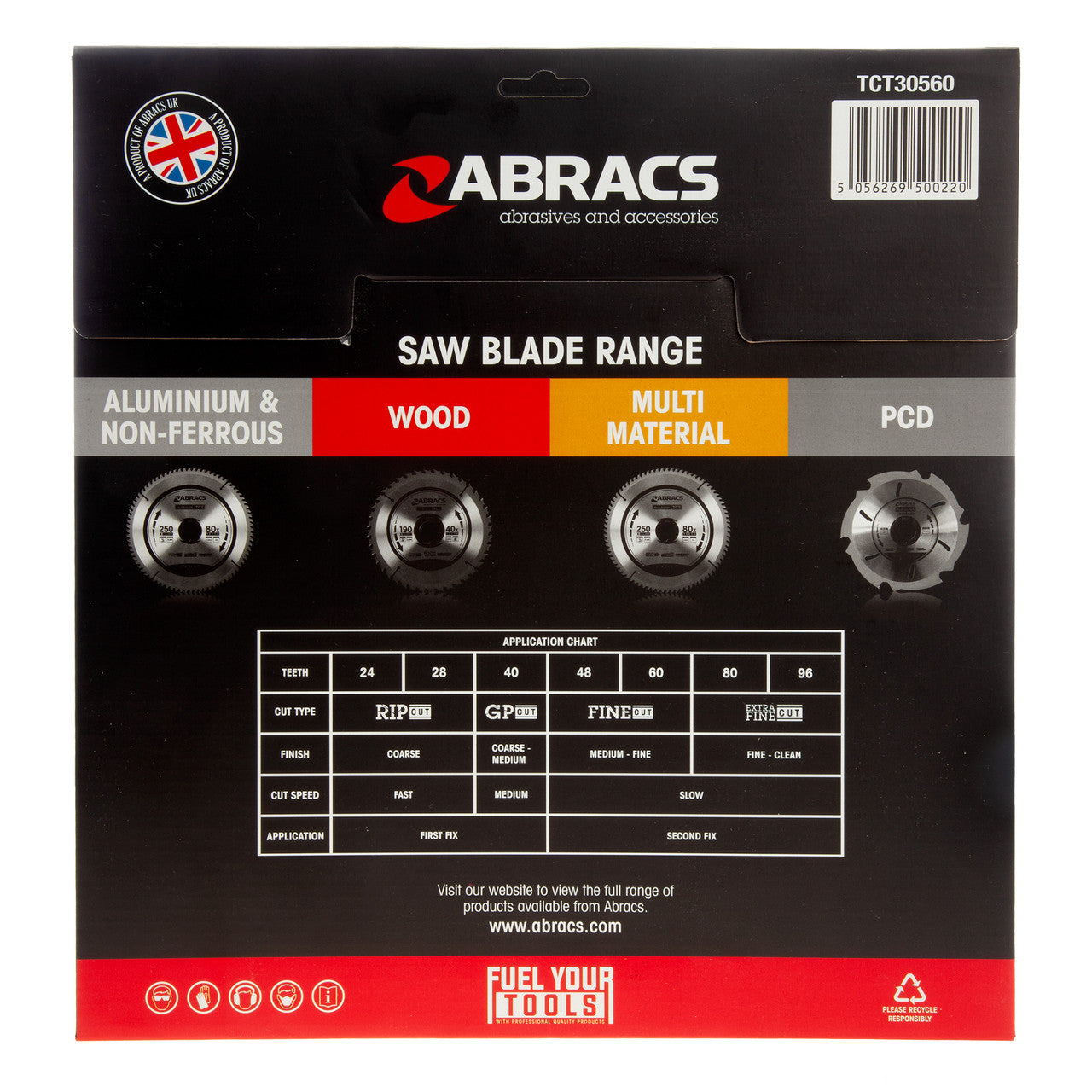 Abracs TCT30560 TCT Circular Saw Blade for Wood 305 x 30mm x 60T back of packaging