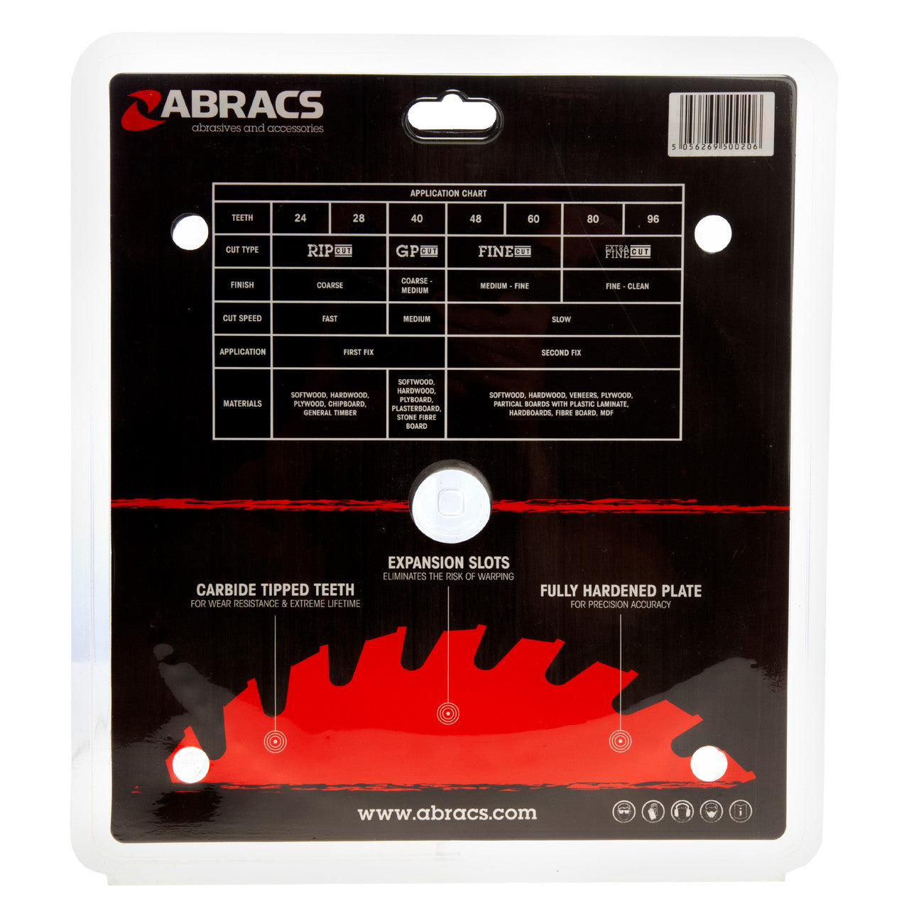 Abracs TCT25080 TCT Circular Saw Blade for Wood 250 x 30mm x 80T back of packaging