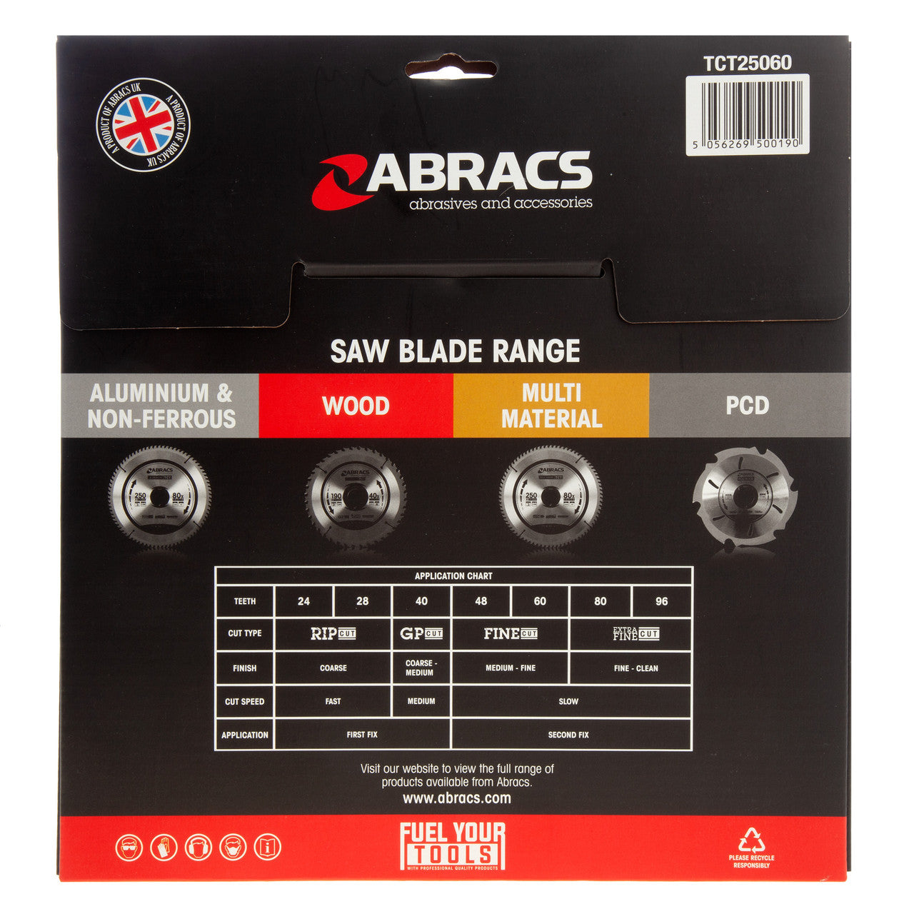 Abracs TCT25060 TCT Circular Saw Blade for Wood 250 x 30mm x 60T back of packaging