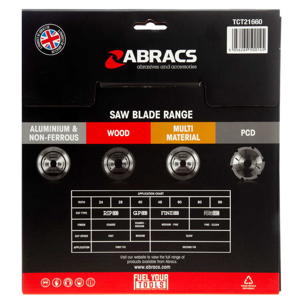 Abracs TCT21660 TCT Circular Saw Blade for Wood 216 x 30mm x 60T back of packaging