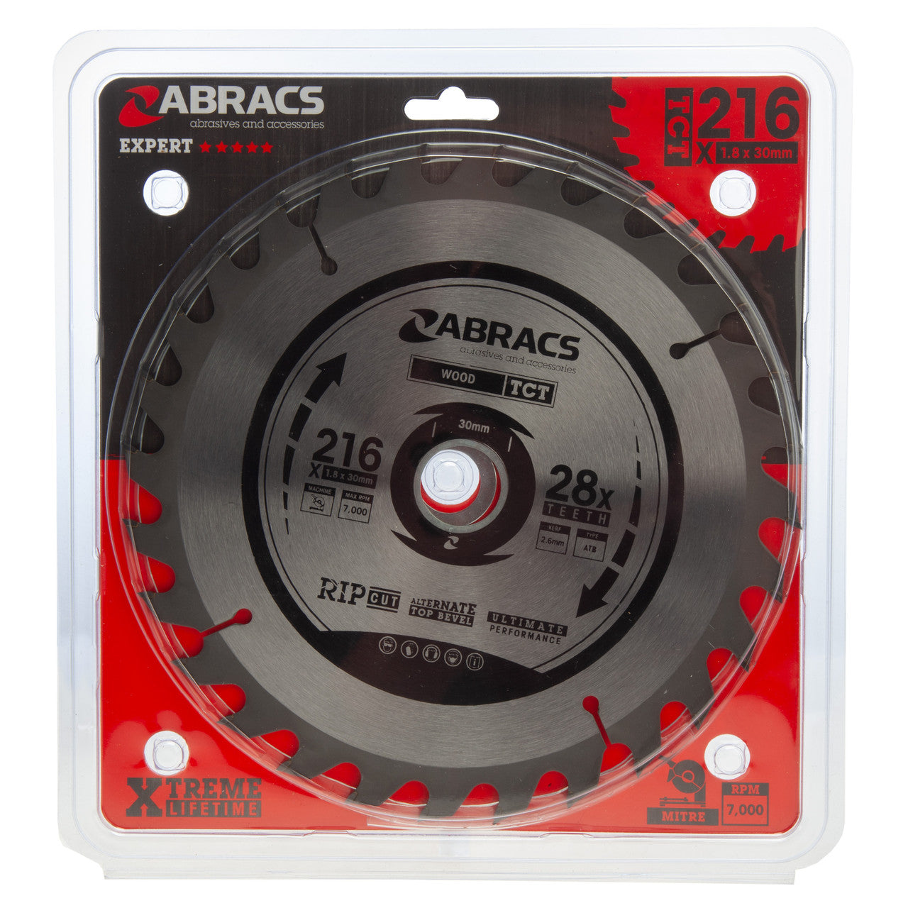 Abracs TCT21628 TCT Circular Saw Blade for Wood 216 x 30mm x 28T in packaging