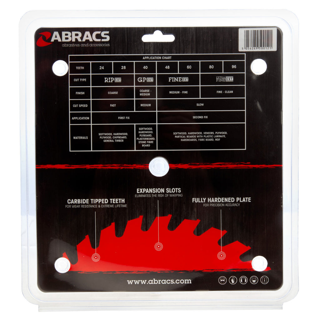 Abracs TCT21628 TCT Circular Saw Blade for Wood 216 x 30mm x 28T back of packaging