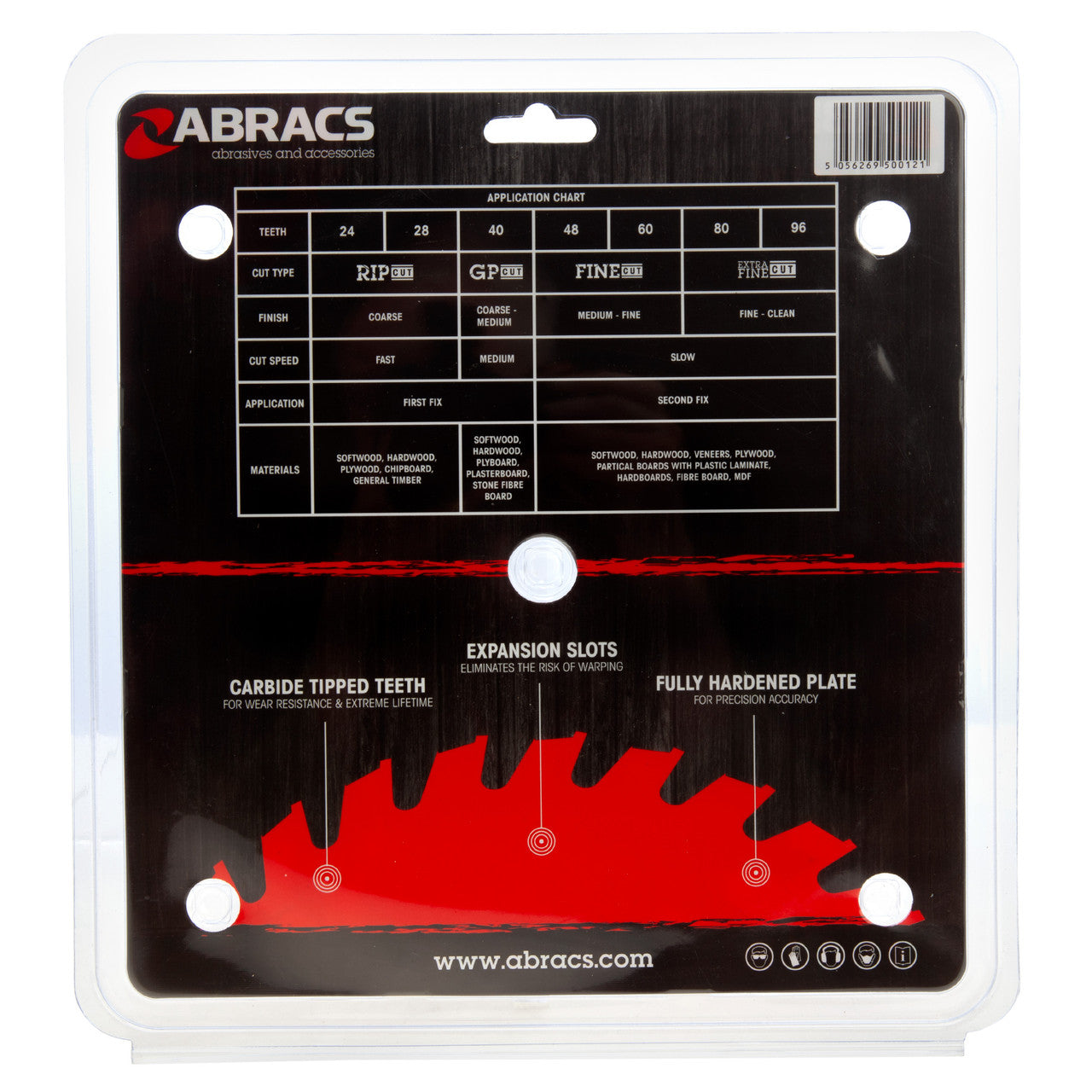 Abracs TCT21628 TCT Circular Saw Blade for Wood 216 x 30mm x 28T back of packaging