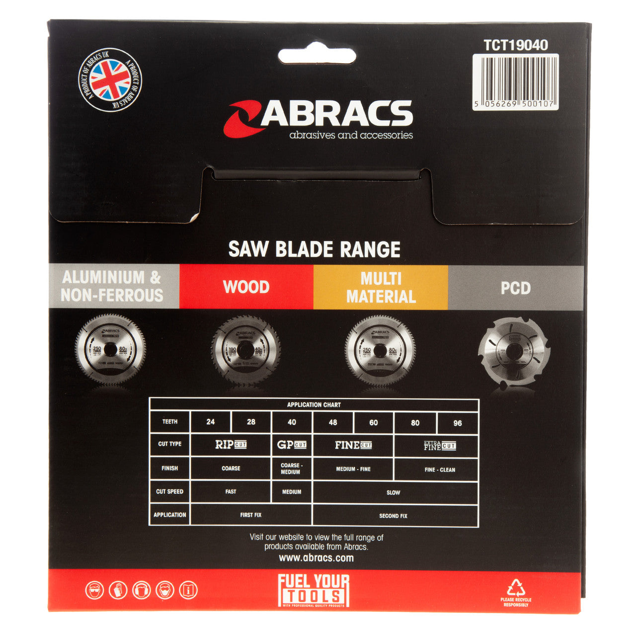 Abracs TCT19040 TCT Circular Saw Blade for Wood 190 x 30mm x 40T back of packaging