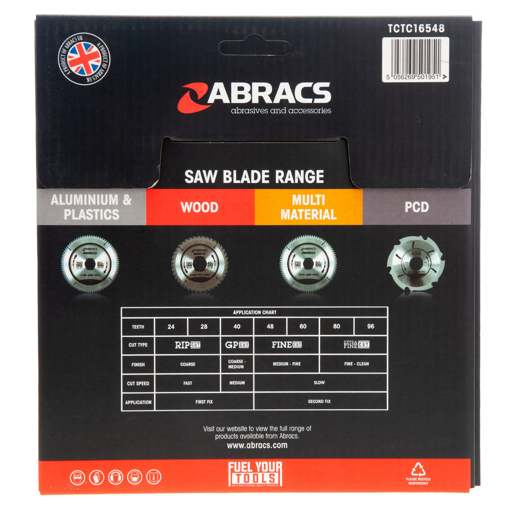 Abracs TCTC16548 TCT Cordless Circular Saw Blade for Wood 165 x 20mm x 48T back of packaging
