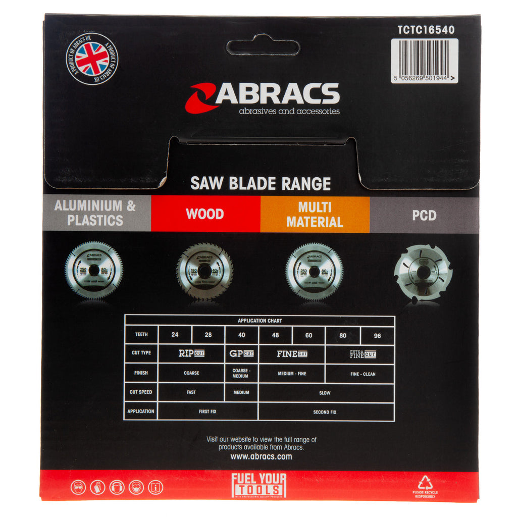 Abracs TCTC16540 TCT Cordless Circular Saw Blade for Wood 165 x 20mm x 40T back of packaging