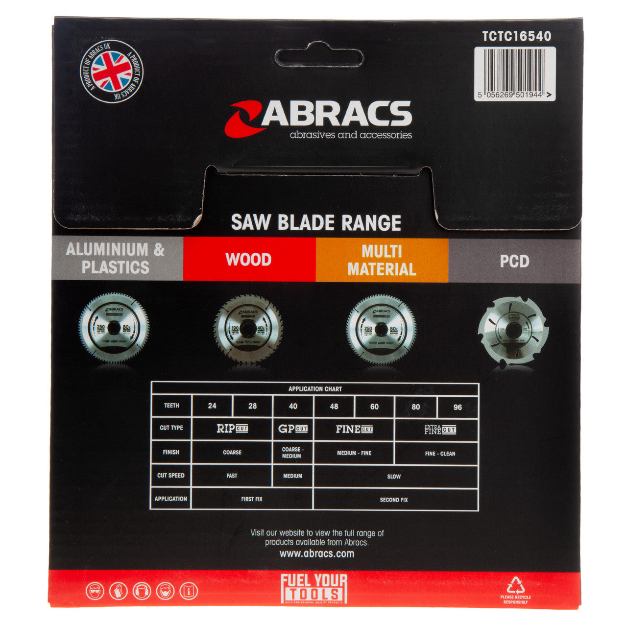 Abracs TCTC16540 TCT Cordless Circular Saw Blade for Wood 165 x 20mm x 40T back of packaging