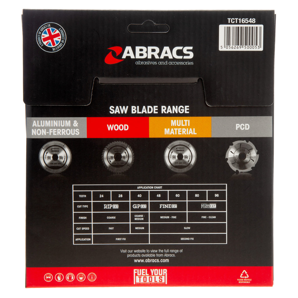 Abracs TCT16548 TCT Circular Saw Blade for Wood 165 x 20mm x 48T back of packaging