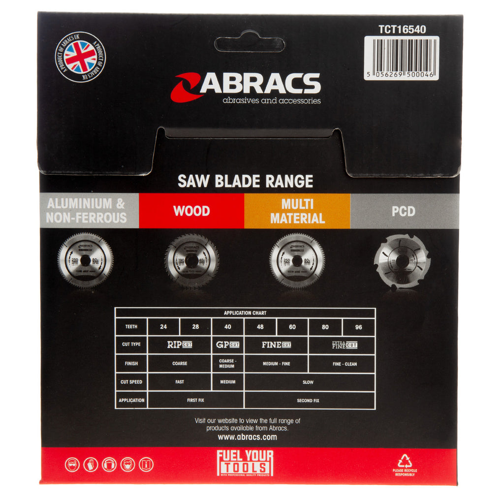 Abracs TCT16540 TCT Circular Saw Blade for Wood 165 x 20mm x 40T back of packaging