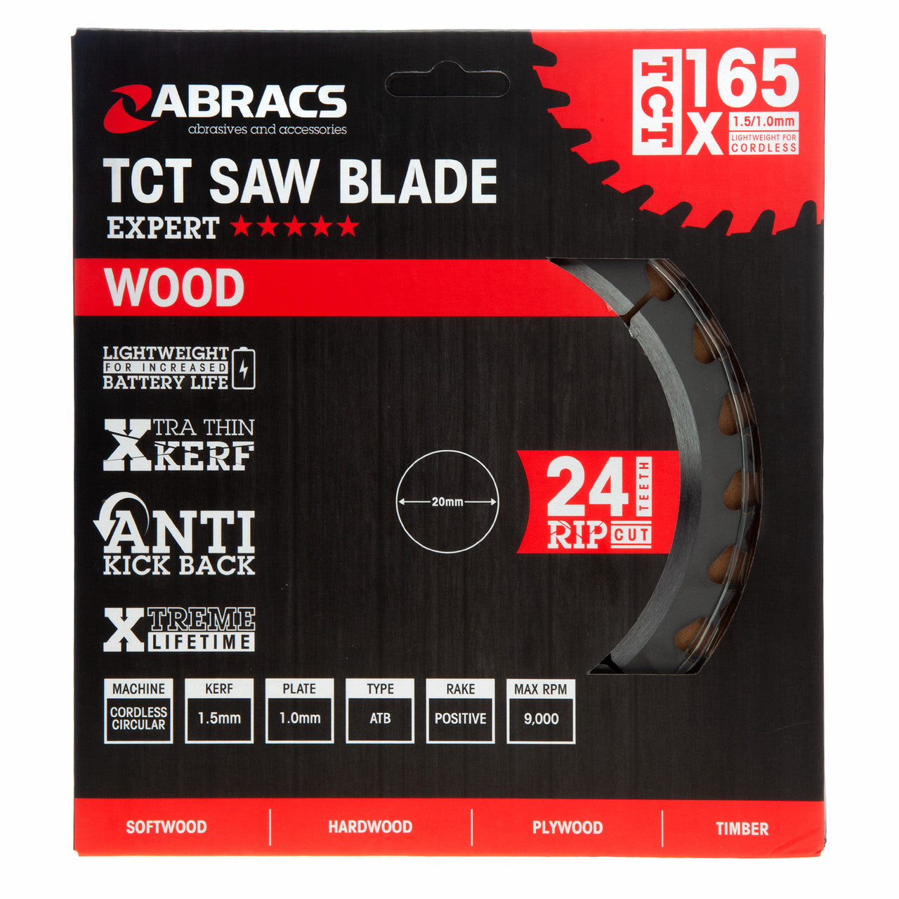Abracs TCTC16524 TCT Cordless Circular Saw Blade for Wood 165 x 20mm x 24T in packaging
