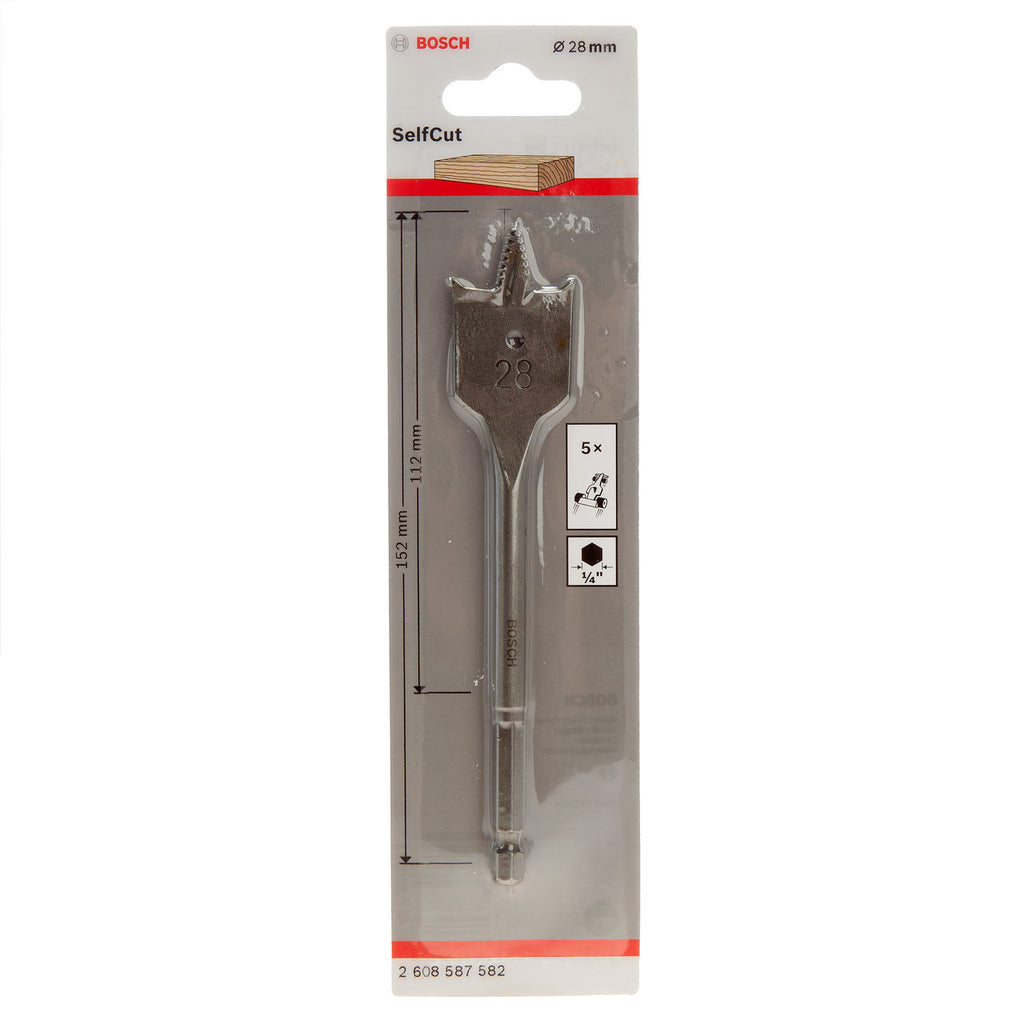 Bosch 2608587582 SelfCut Flat Drill Bit with Hex Shank 28 x 152mm in packaging