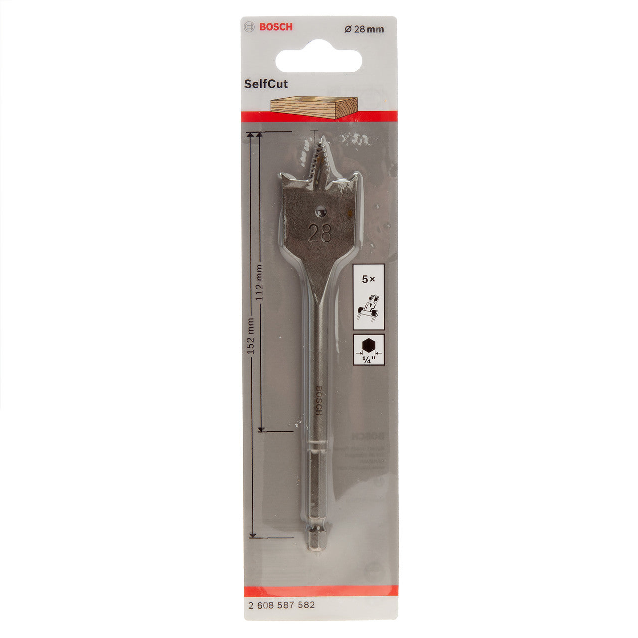 Bosch 2608587582 SelfCut Flat Drill Bit with Hex Shank 28 x 152mm in packaging