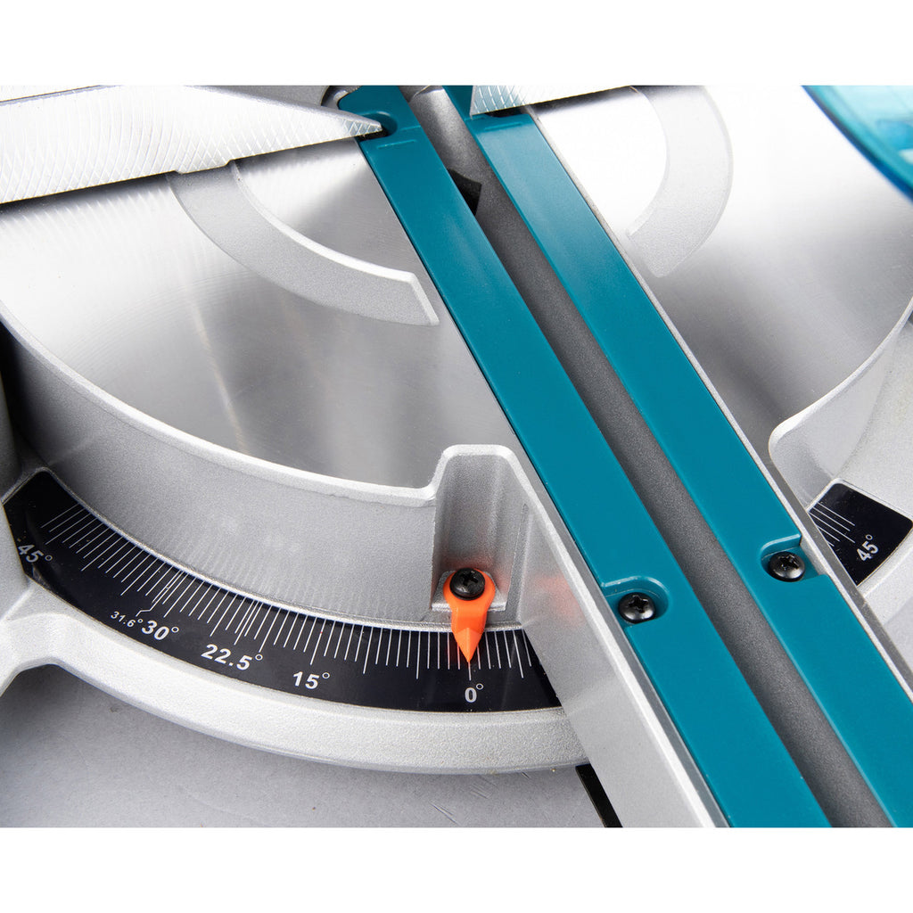 Makita LS0816F 216mm Sliding Compound Mitre Saw (110V) showing mitre scales