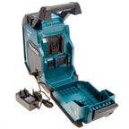 Makita MR007GZ CXT/LXT /XGT Bluetooth DAB/DAB+ Job Site Radio (Body Only) rear view showing battery compartment and mains lead