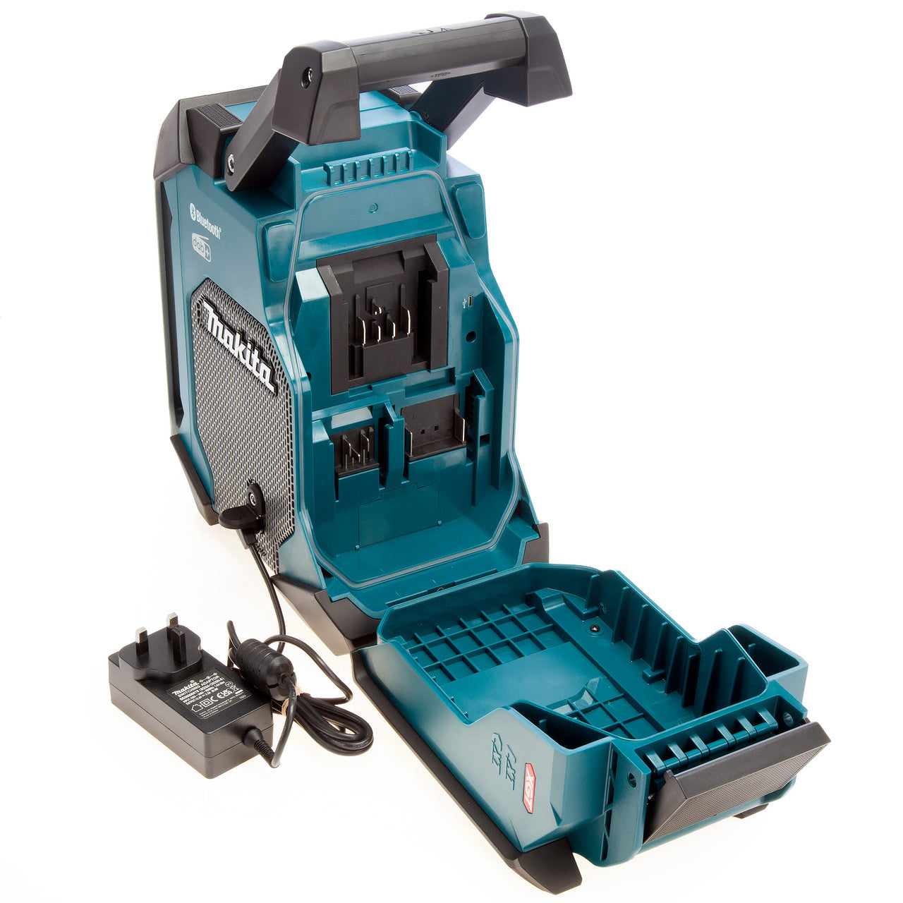 Makita MR007GZ CXT/LXT /XGT Bluetooth DAB/DAB+ Job Site Radio (Body Only) rear view showing battery compartment and mains lead