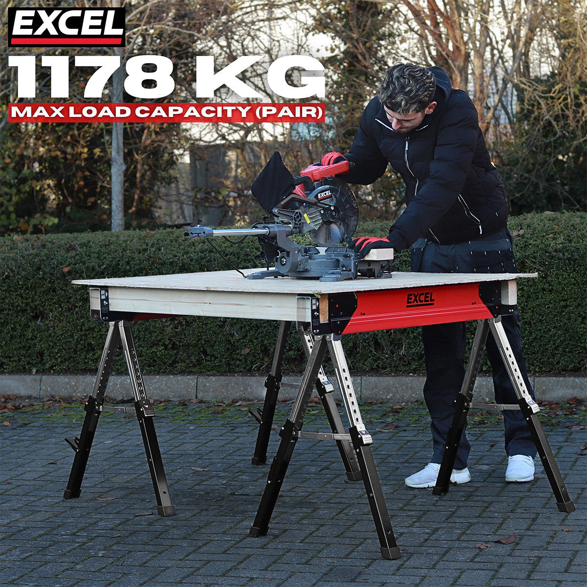 Excel 6288 Heavy Duty Steel Folding Saw Horse with Adjustable Legs 1178kg Capacity (Twin Pack) 6
