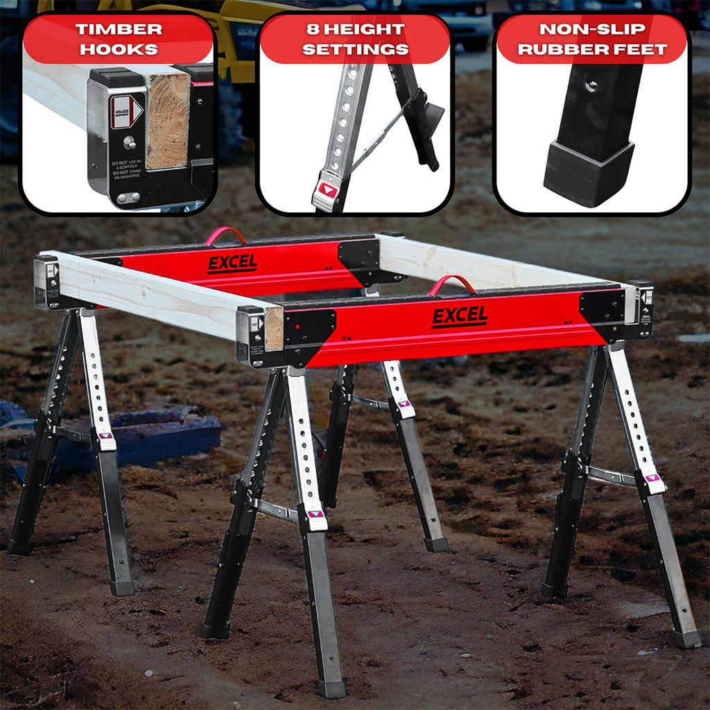 Excel 6288 Heavy Duty Steel Folding Saw Horse with Adjustable Legs 1178kg Capacity (Twin Pack) 5