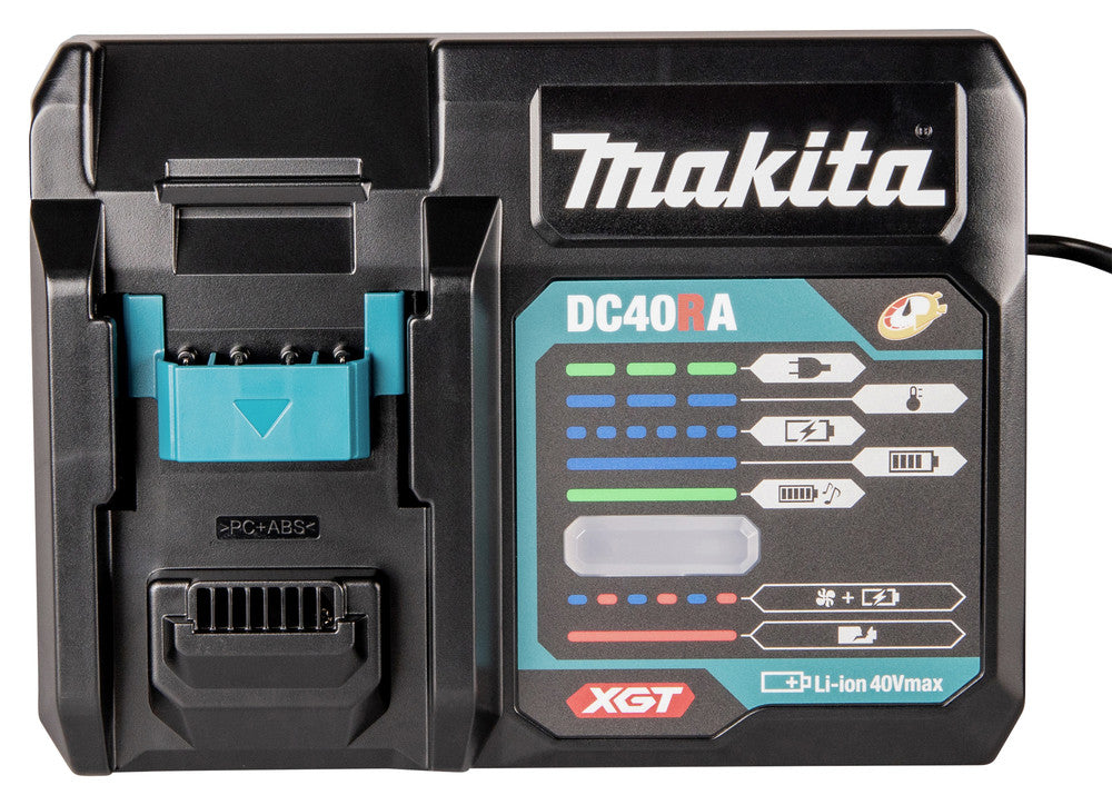 Makita DC40RA rapid charger, designed for 40V XGT batteries, features dual cooling fans and fast charging, delivering efficient recharging in 45 minutes.