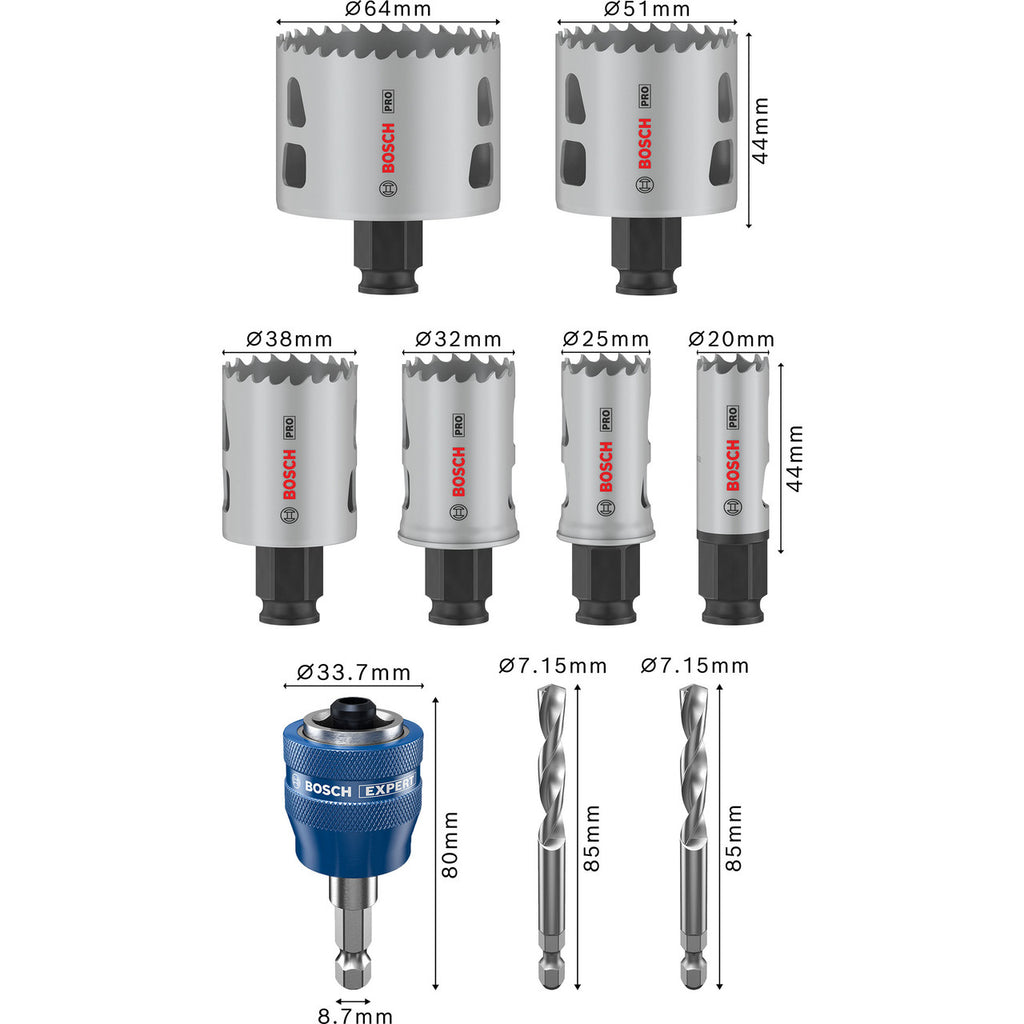 Bosch 2608594435 PRO Multi-Material PC Plus Hole Saw Set Contents