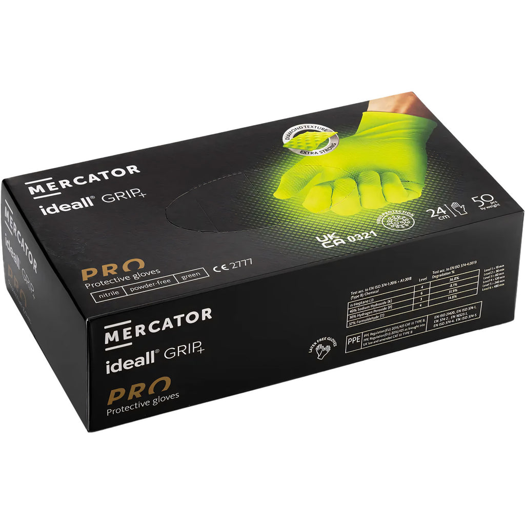 Mercator Ideall Grip Green Nitrile Gloves in Packaging