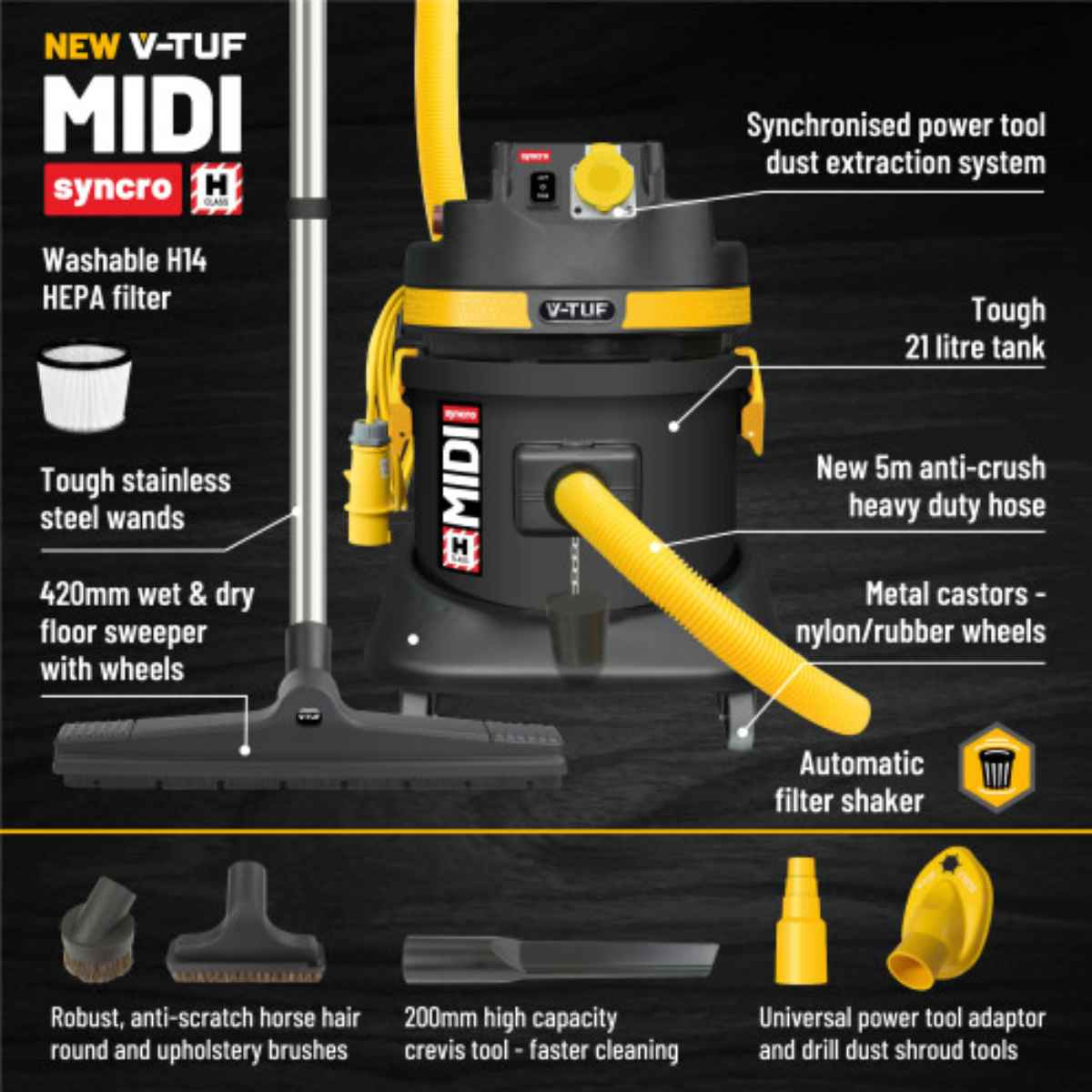 V-TUF MIDI SYNCRO 21L H-Class Dust Extraction Vacuum Cleaner (110V)
