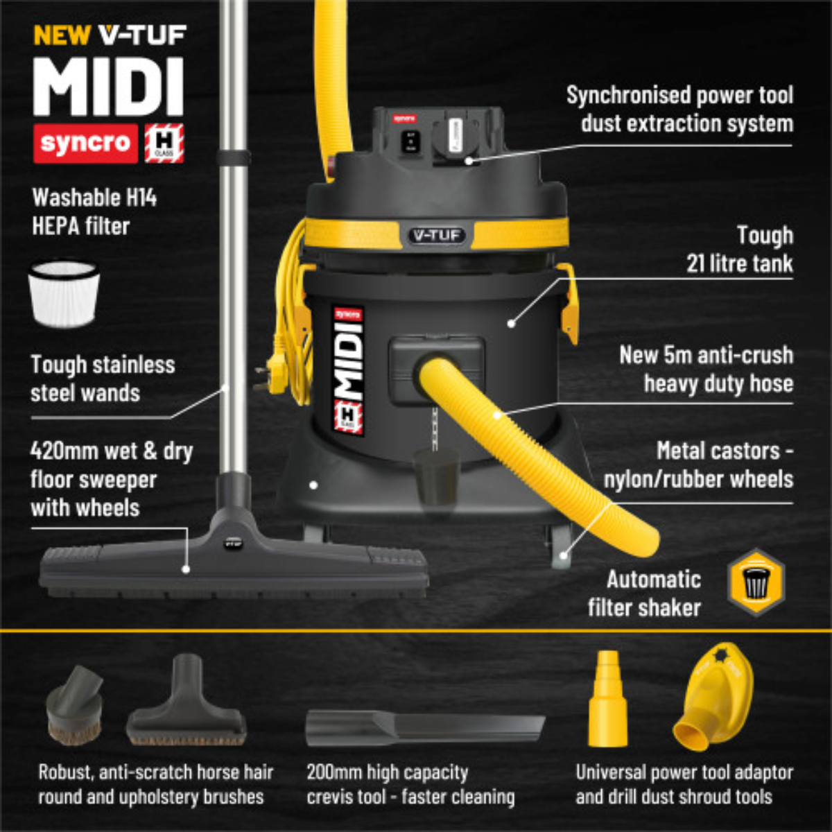 V-TUF MIDI SYNCRO 21L H-Class Dust Extraction Vacuum Cleaner (240V)