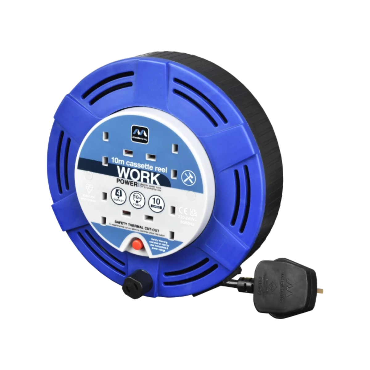 Masterplug 4 Socket 10m 10A Medium Cassette Reel (Blue)