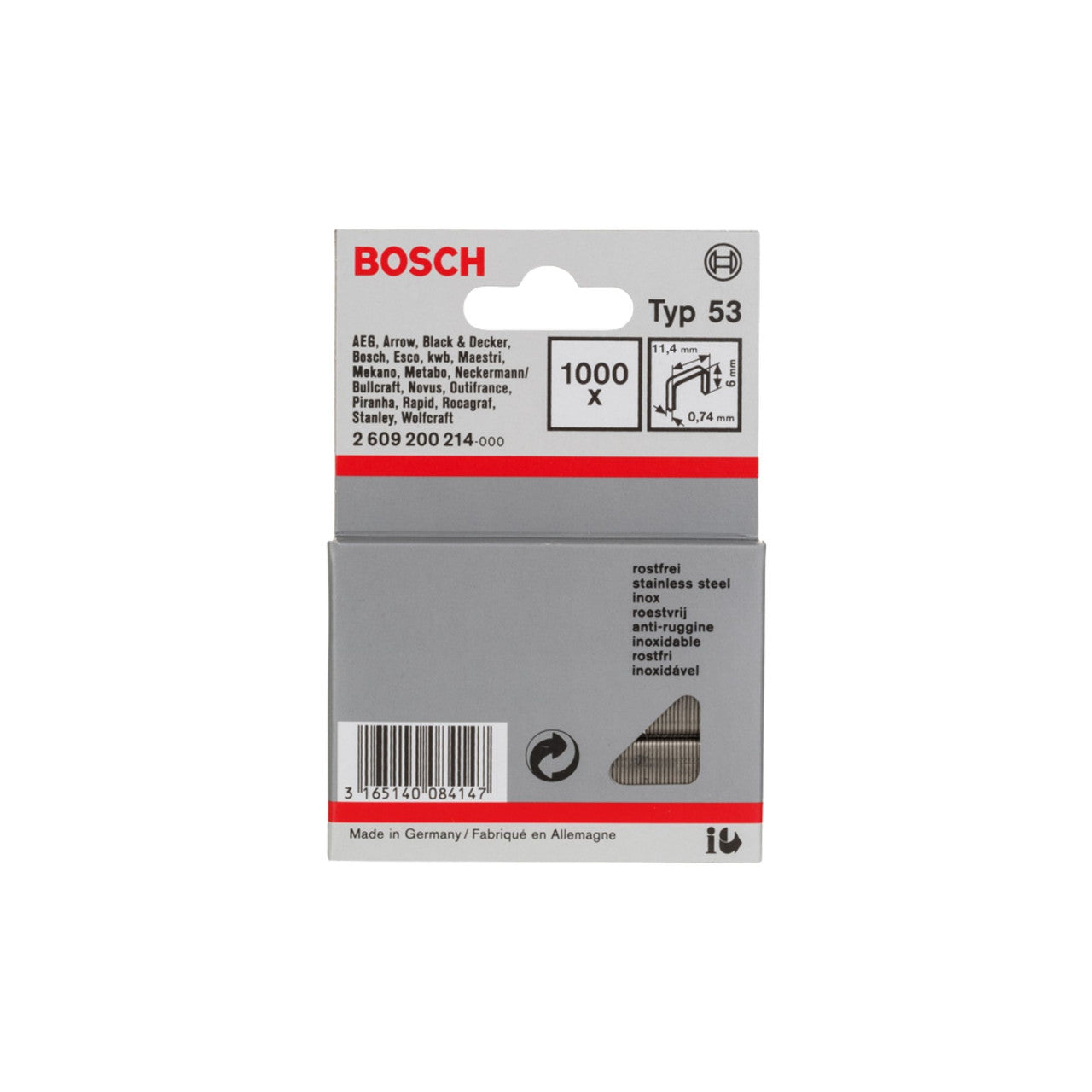 Bosch Fine Wire Staples Type 53 0.74 x6mm(1000 Pack)
