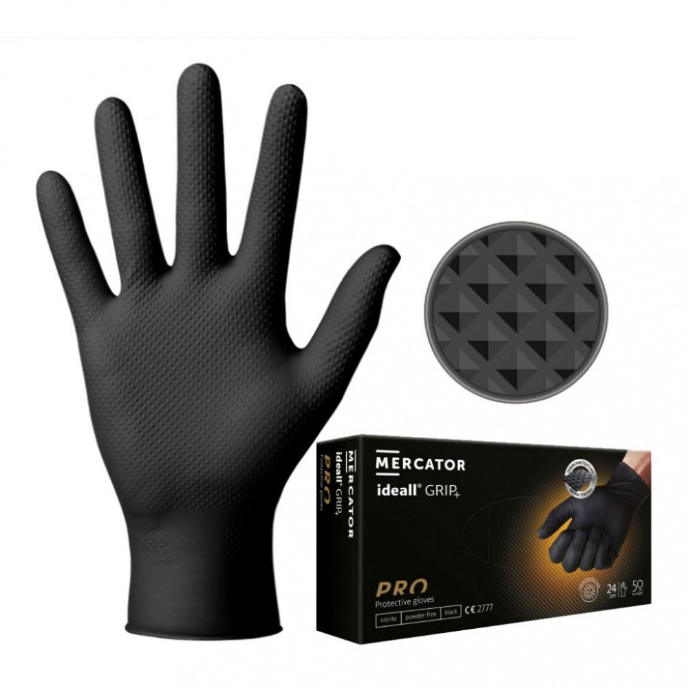 Mercator Ideall Grip+ Black Nitrile Gloves (Size 10/XL) (50 Pieces)