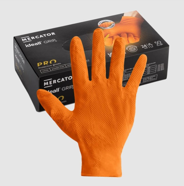 Mercator Ideall Grip+ Orange Nitrile Gloves (Size 9/L) (50 Pieces)