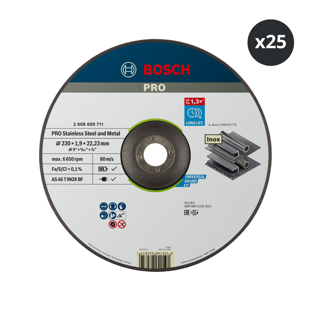 Bosch 2608600711 EXPERT for Inox Rapido Cutting Disc 230 x 1.9mm (Pack of 25)