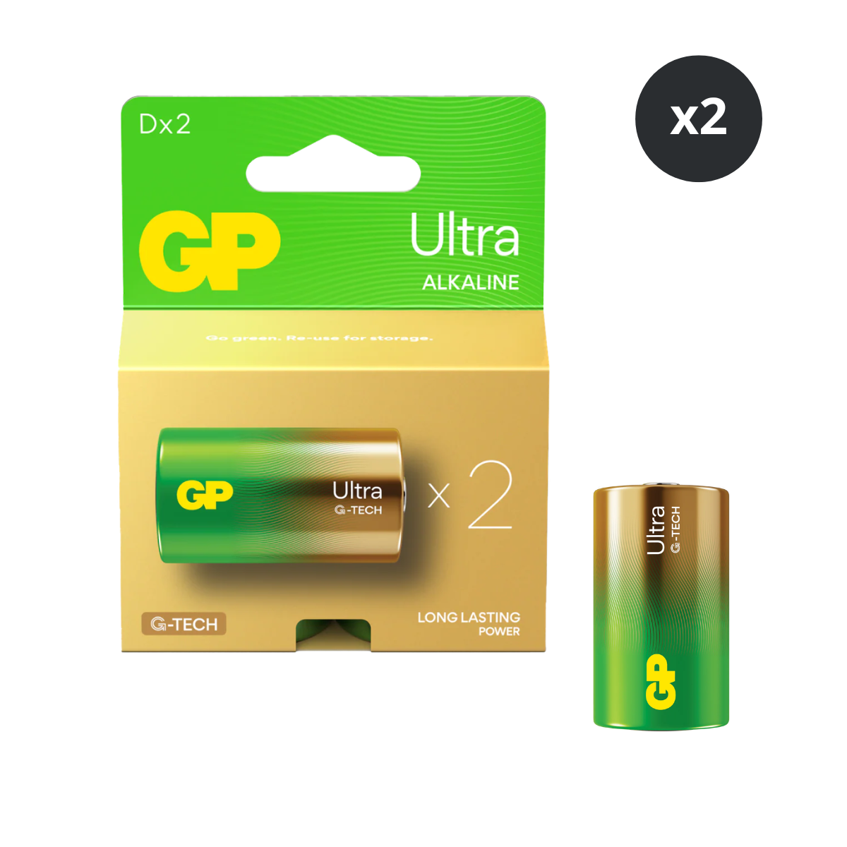 GP Ultra Alkaline D Batteries (Box of 2)