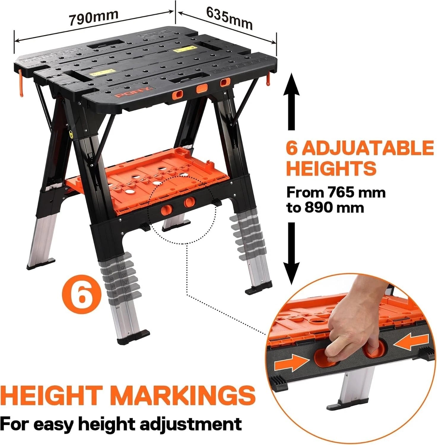 Pony Jorgensen 60P Heavy-Duty 2-in-1 Folding Worktable / Saw Horse with 2 x 33412 12" E-Z HOLD Clamps - 500lb / 1,000lb Capacity