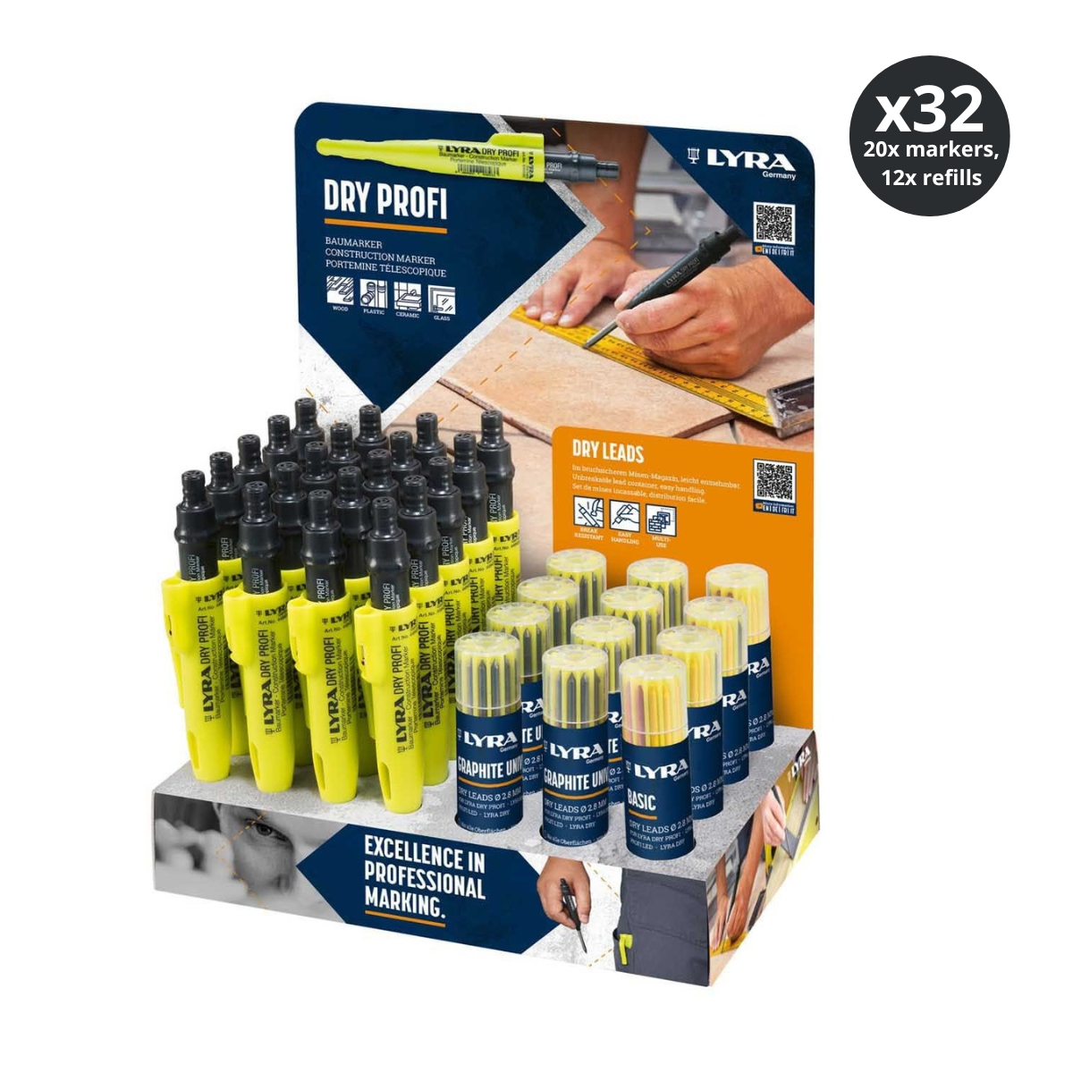 Lyra L4497101 DRY PROFI Construction Marker & Refill Display (20 Markers, 12 Refills)