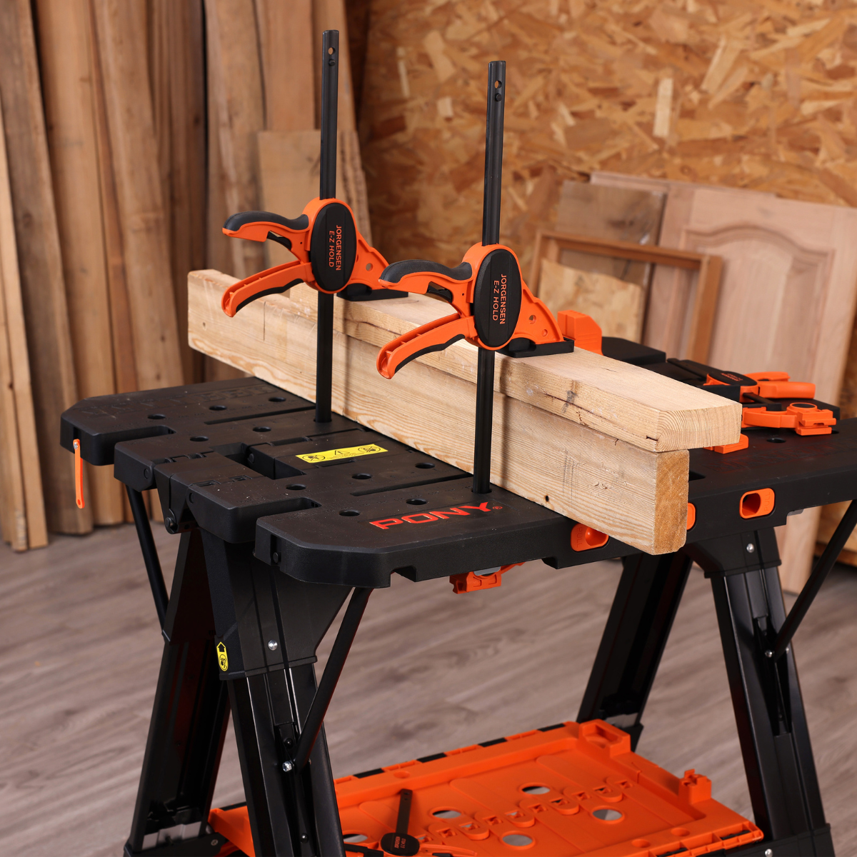 Pony Jorgensen 60P Heavy-Duty 2-in-1 Folding Worktable / Saw Horse with 2 x 33412 12" E-Z HOLD Clamps - 500lb / 1,000lb Capacity