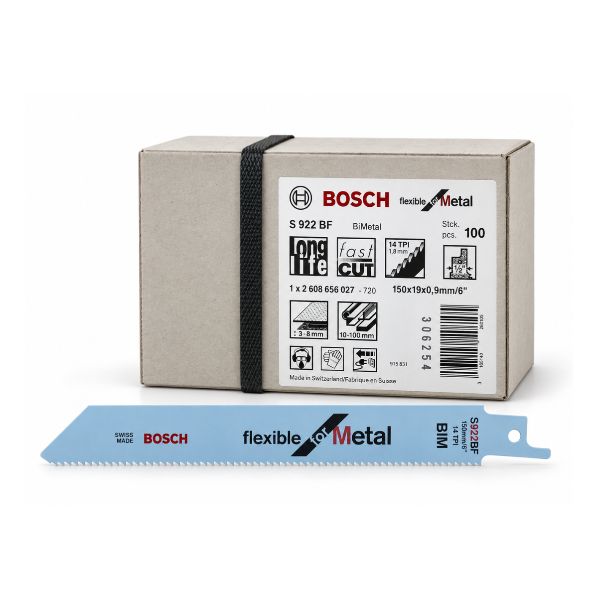 Bosch 2608656027 S922BF Bi-Metal Flexible Reciprocating Saw Blade for Medium-Thick Metal 150mm 14TPI (Pack of 100)